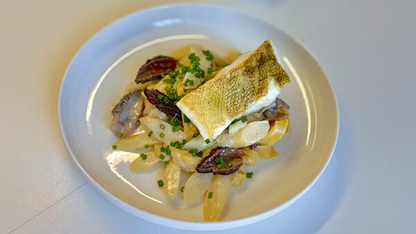 Zanderfilet mit Spargel-Morchel-Rahm und Tagliatelle
